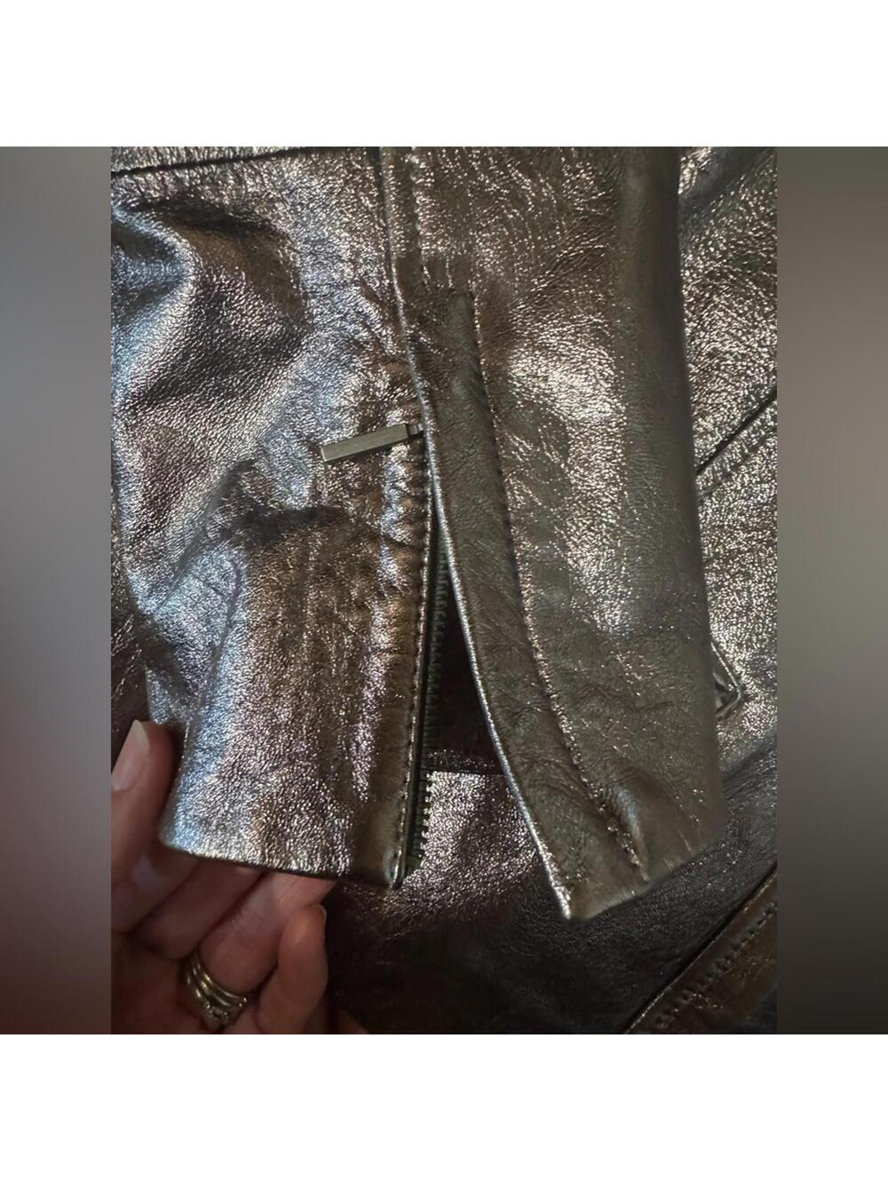 Lafayette 148 Metallic Silver Full Zip Lambskin Leather Jacket Size 6 - Picture 6 of 8